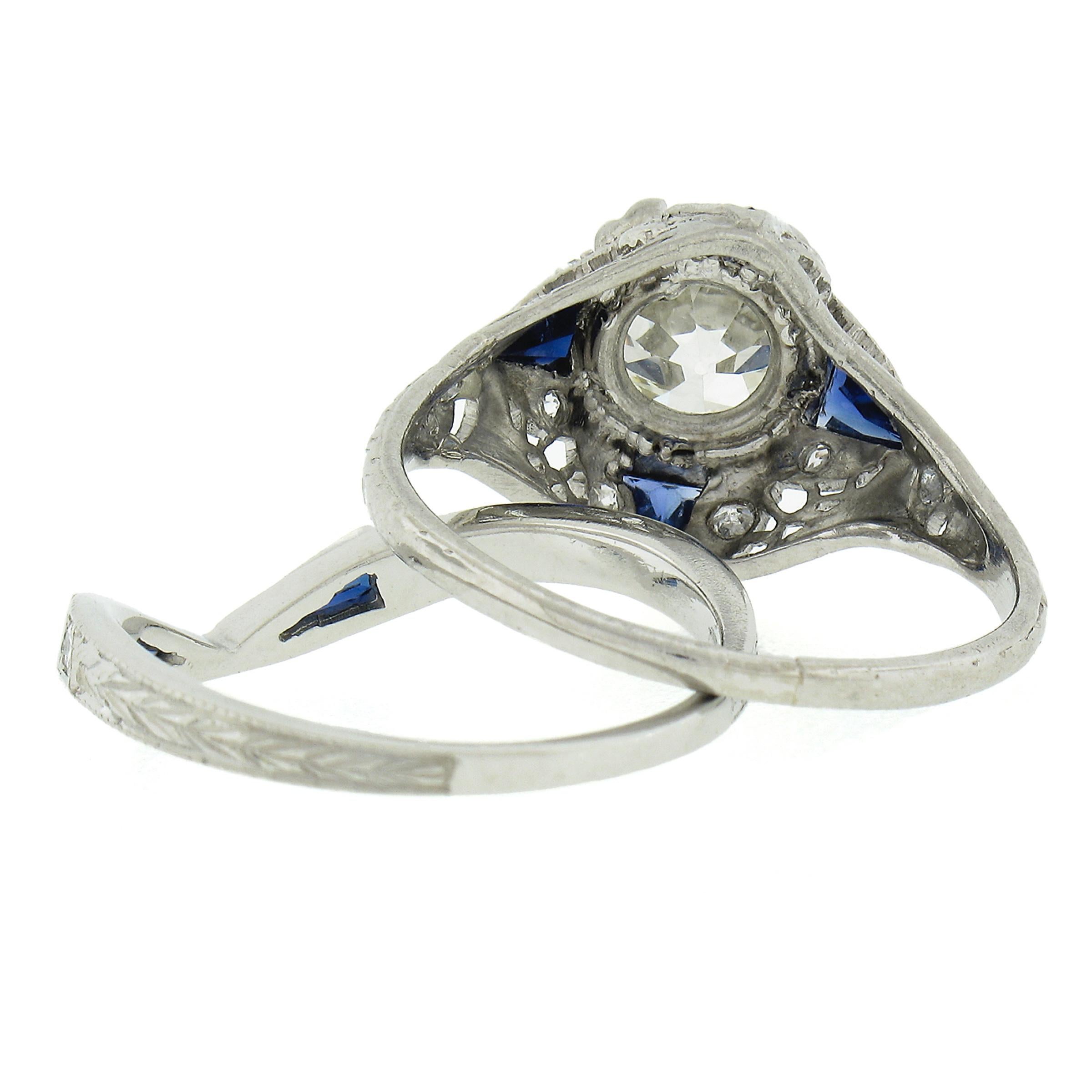 Antique Art Deco Platinum GIA Old European Diamond Engagement Ring & Band Set Ba For Sale 3