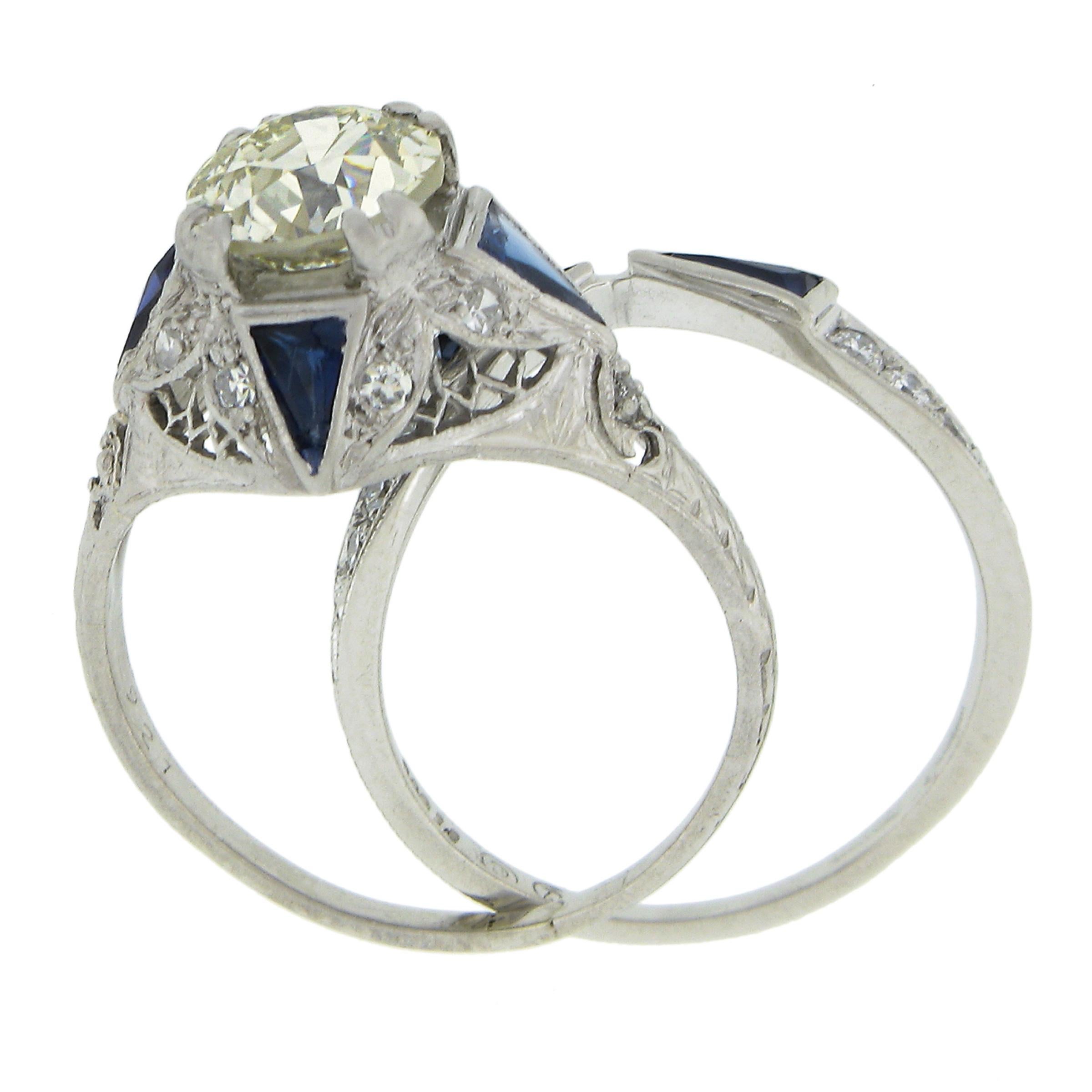 Antique Art Deco Platinum GIA Old European Diamond Engagement Ring & Band Set Ba For Sale 4