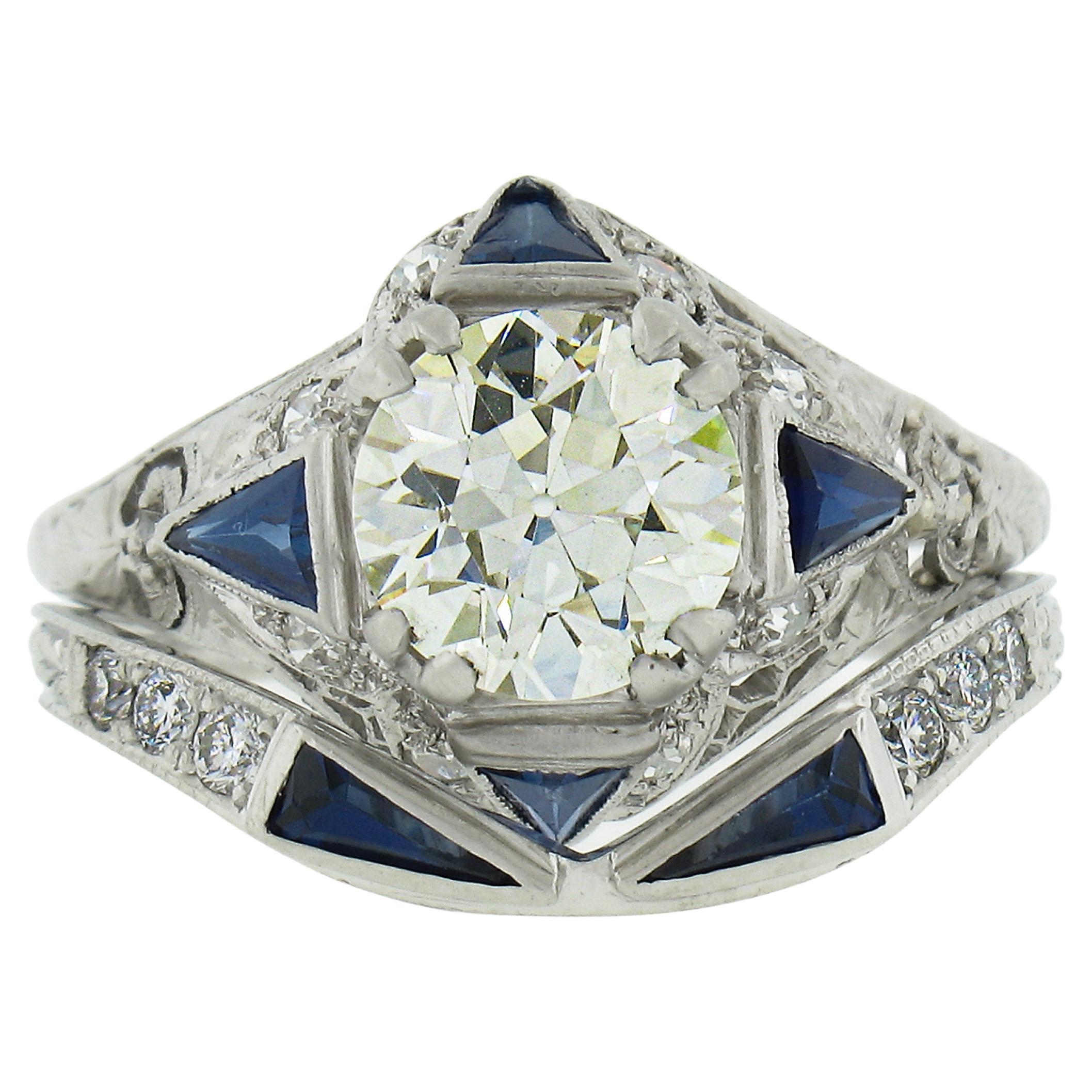 Antique Art Deco Platinum GIA Old European Diamond Engagement Ring & Band Set Ba For Sale