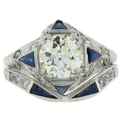 Antique Art Deco Platinum GIA Old European Diamond Engagement Ring & Band Set Ba