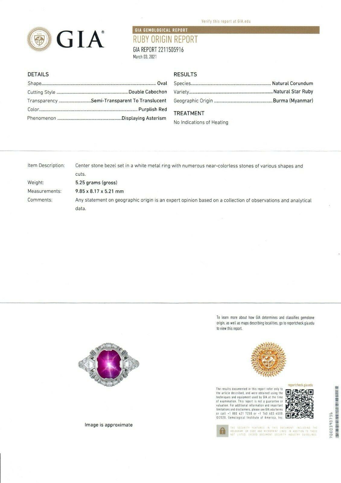 Antique Art Deco Platinum GIA Oval Cabochon No Heat Burma Star Ruby Diamond Ring For Sale 7