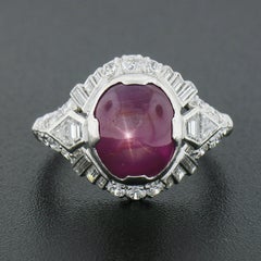 Antique Art Deco Platinum GIA Oval Cabochon No Heat Burma Star Ruby Diamond Ring