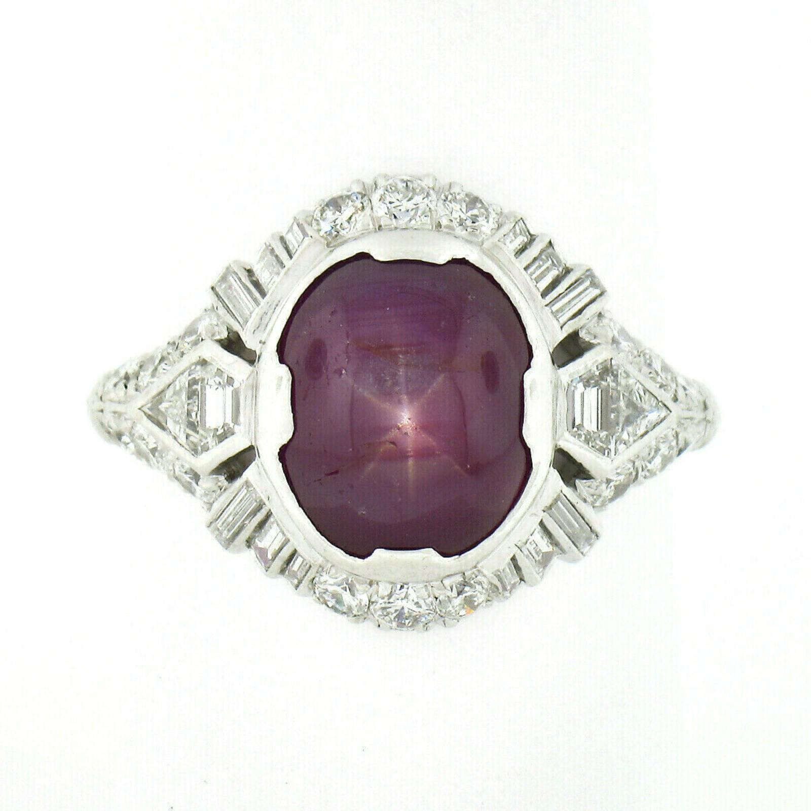 Women's or Men's Antique Art Deco Platinum GIA Oval Cabochon No Heat Burma Star Ruby Diamond Ring For Sale