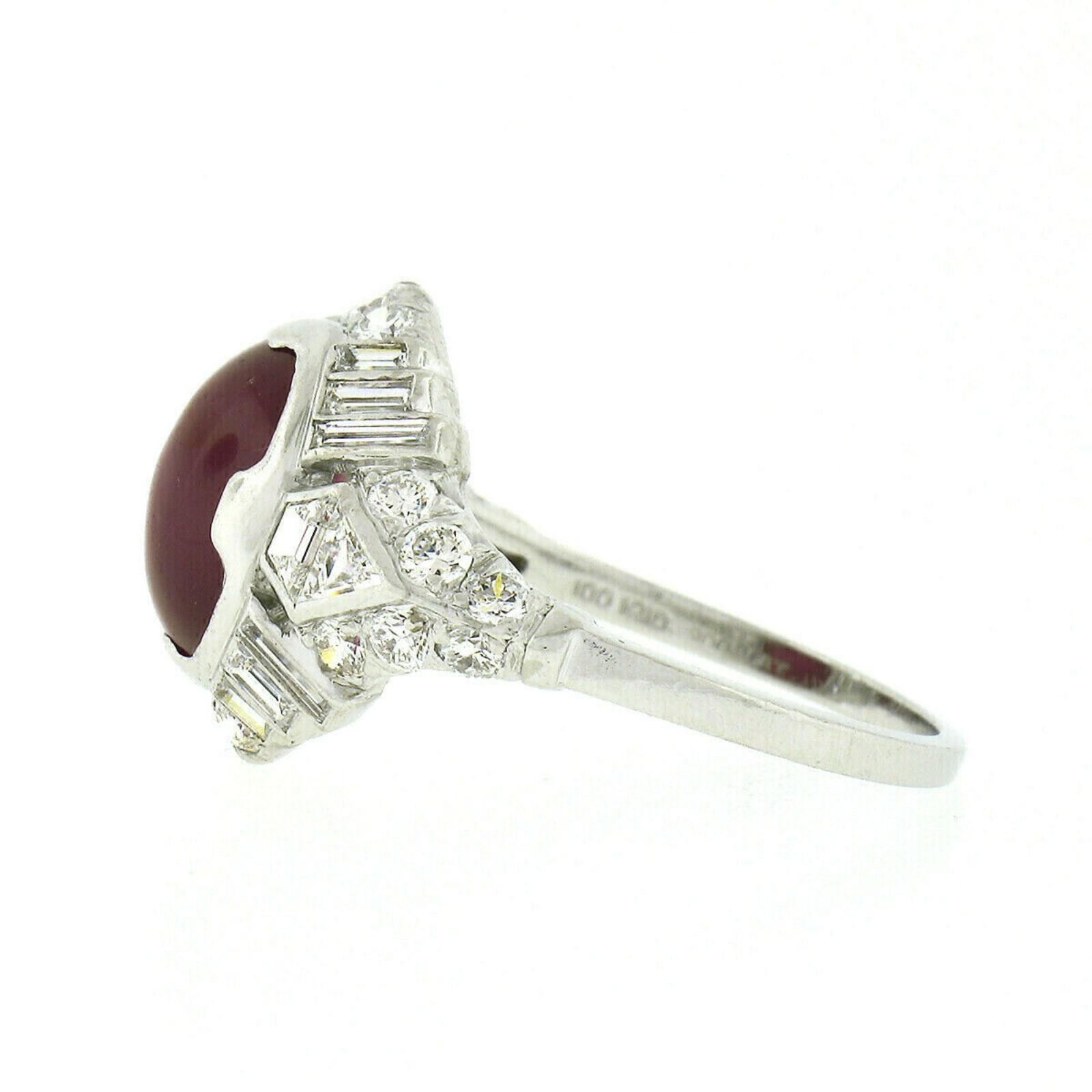 Antique Art Deco Platinum GIA Oval Cabochon No Heat Burma Star Ruby Diamond Ring For Sale 3