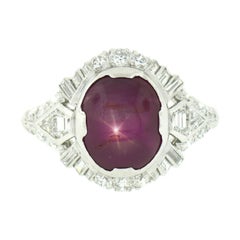 Bague Art déco ancienne en platine avec diamants et étoile de Birmanie en rubis cabochon ovale certifié GIA, sans chaleur