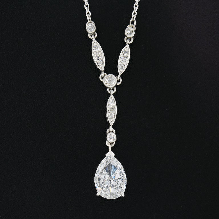 Antique Art Deco Platinum GIA Pear Diamond Solitaire Teardrop Pendant