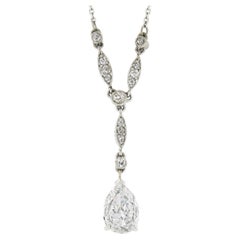 Antique Art Deco Platinum GIA Pear Diamond Solitaire Teardrop Pendant Necklace