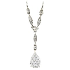 Antike Art Deco Platin GIA Birnen-Diamant Solitär Tropfen-Anhänger Halskette