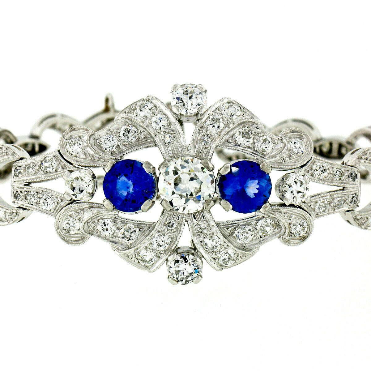 Round Cut Antique Art Deco Platinum GIA Round Diamond Sapphire Infinity Leaf Link Bracelet For Sale