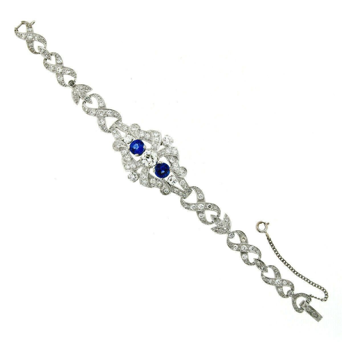 Antique Art Deco Platinum GIA Round Diamond Sapphire Infinity Leaf Link Bracelet In Good Condition For Sale In Montclair, NJ