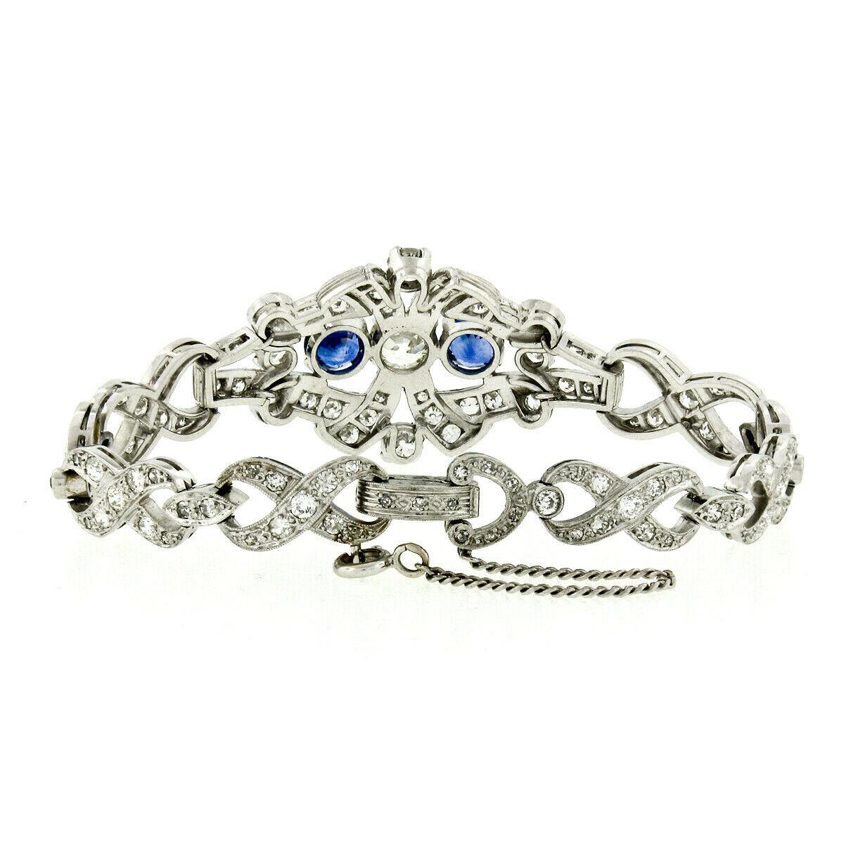 Women's Antique Art Deco Platinum GIA Round Diamond Sapphire Infinity Leaf Link Bracelet For Sale