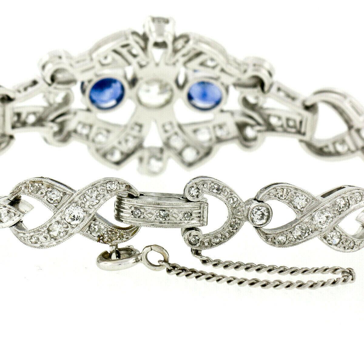 Antique Art Deco Platinum GIA Round Diamond Sapphire Infinity Leaf Link Bracelet For Sale 1