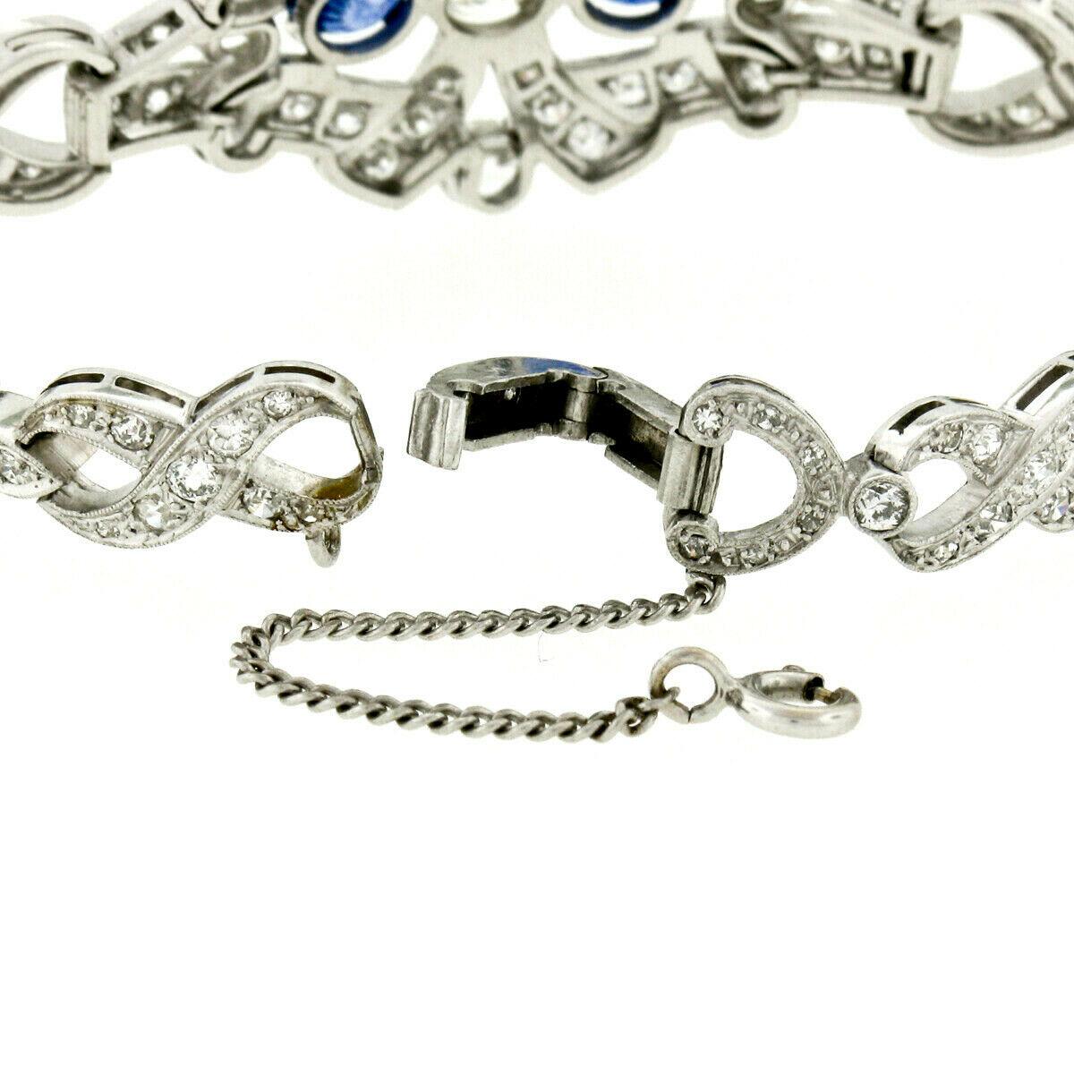Antique Art Deco Platinum GIA Round Diamond Sapphire Infinity Leaf Link Bracelet For Sale 2