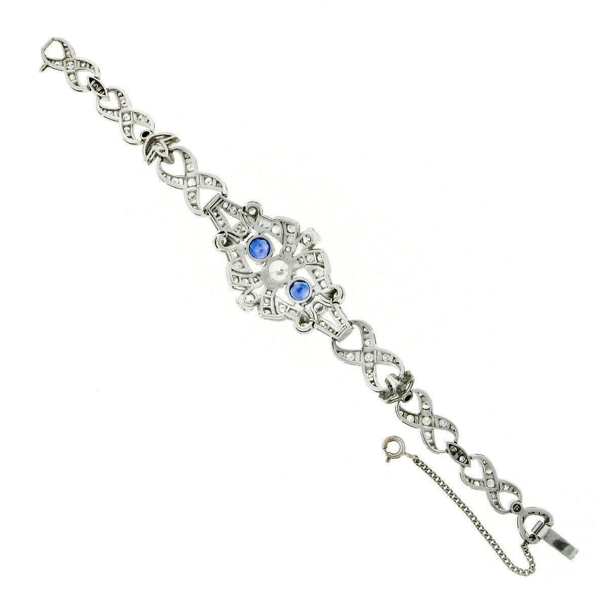 Antique Art Deco Platinum GIA Round Diamond Sapphire Infinity Leaf Link Bracelet For Sale 3