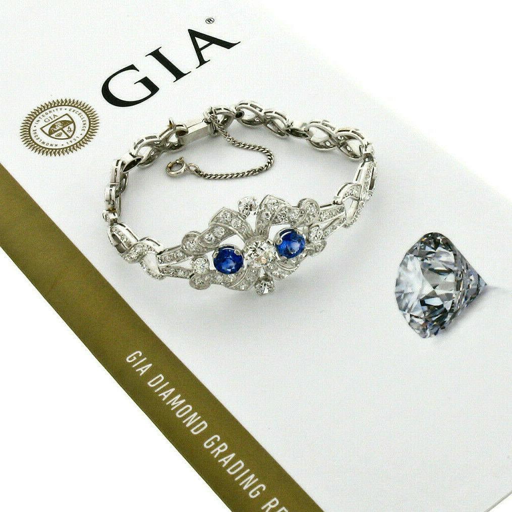 Antique Art Deco Platinum GIA Round Diamond Sapphire Infinity Leaf Link Bracelet For Sale 4