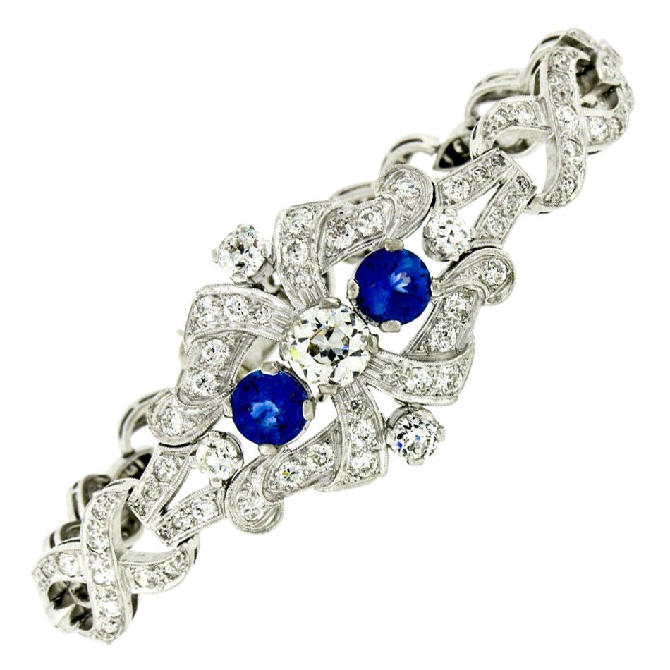 Antique Art Deco Platinum GIA Round Diamond Sapphire Infinity Leaf Link Bracelet For Sale