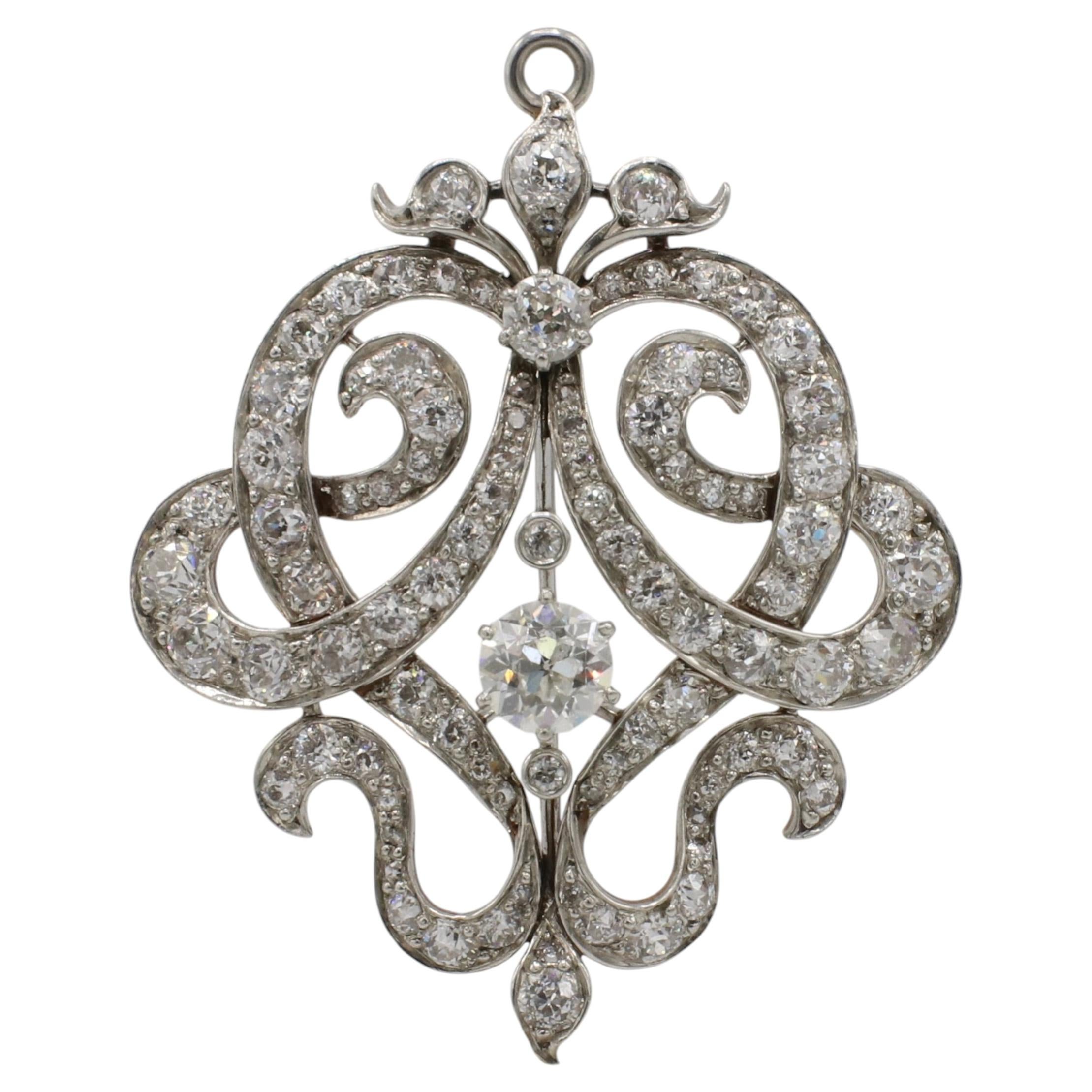 Antique Art Deco Platinum & Gold 4.25 Carat Natural Diamond Pendant Brooch Pin