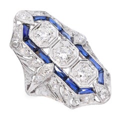Antique Art Deco Platinum Gold Alloy Diamond and Sapphire Ring