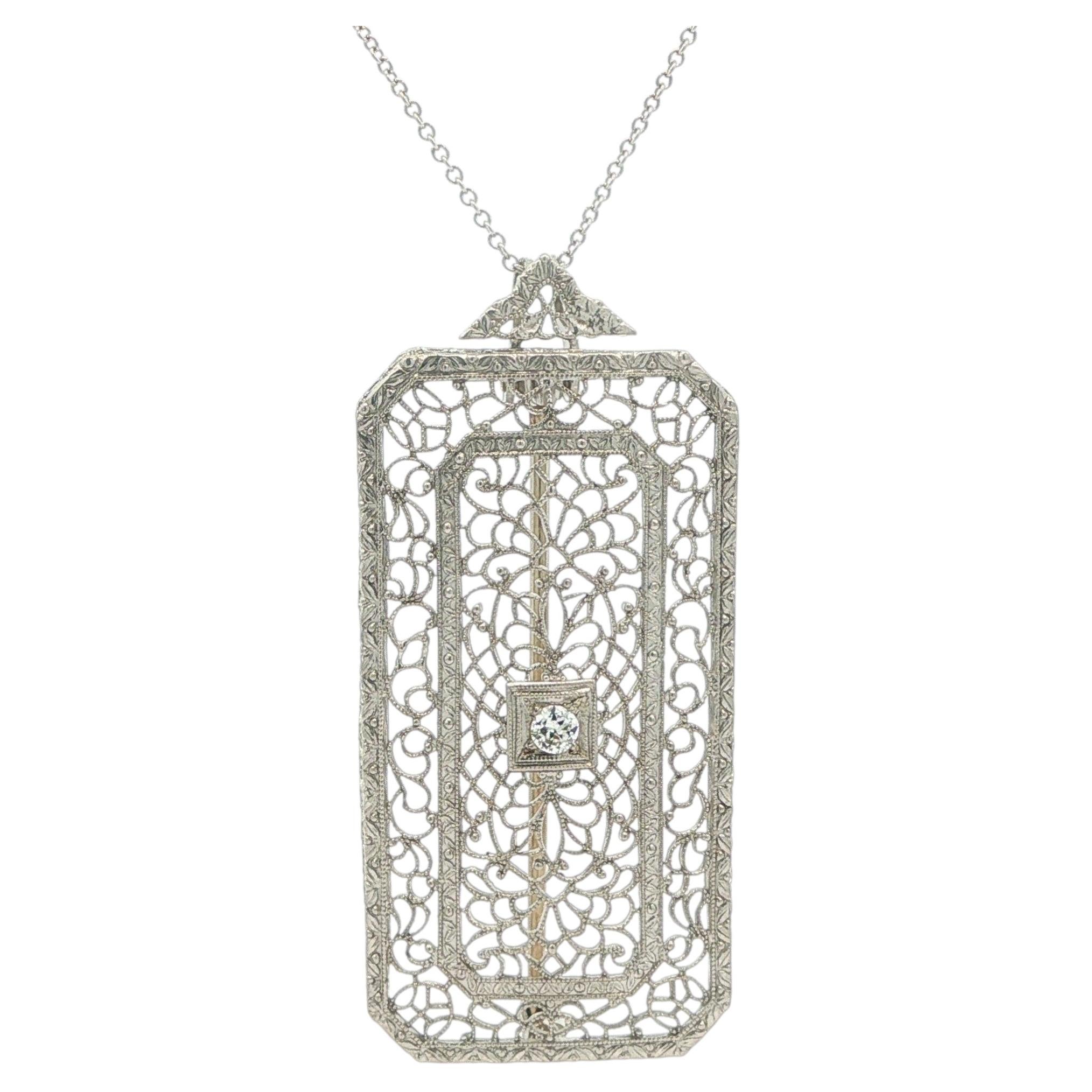 Antike Art Deco Platin Gold Diamant Filigranarbeit Brosche Pin Anhänger Halskette