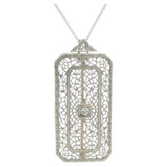 Antique Art Deco Platinum Gold Diamond Filigree Work Brooch Pin Pendant Necklace