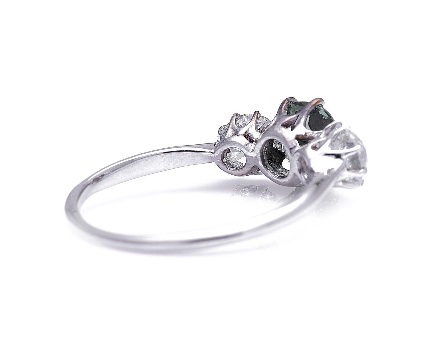 Antique, Art Deco, Platinum, Green Sapphire and Diamond Three-Stone Ring In Excellent Condition In Rochford, Essex