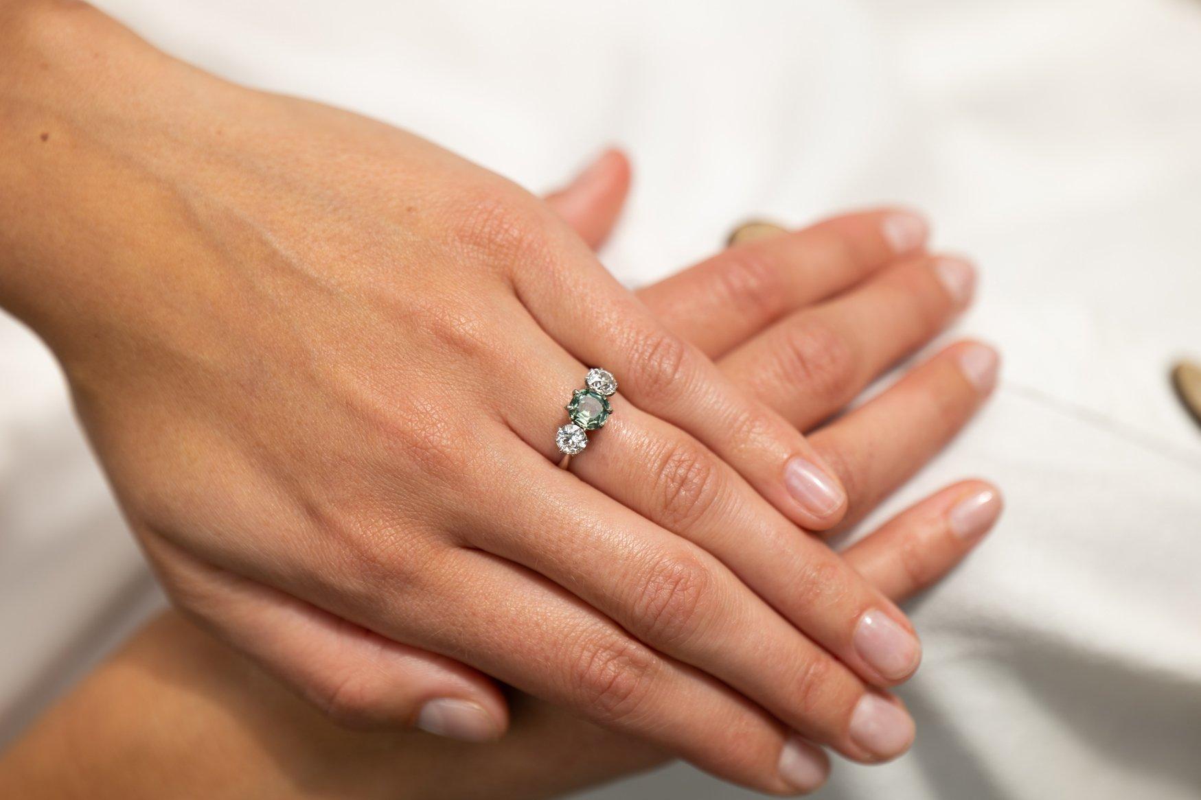 Women's Antique, Art Deco, Platinum, Green Sapphire and Diamond Three-Stone Ring