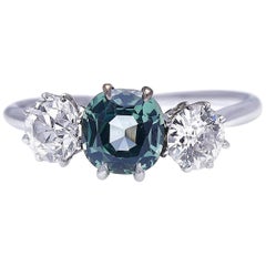 Antique, Art Deco, Platinum, Green Sapphire and Diamond Three-Stone Ring