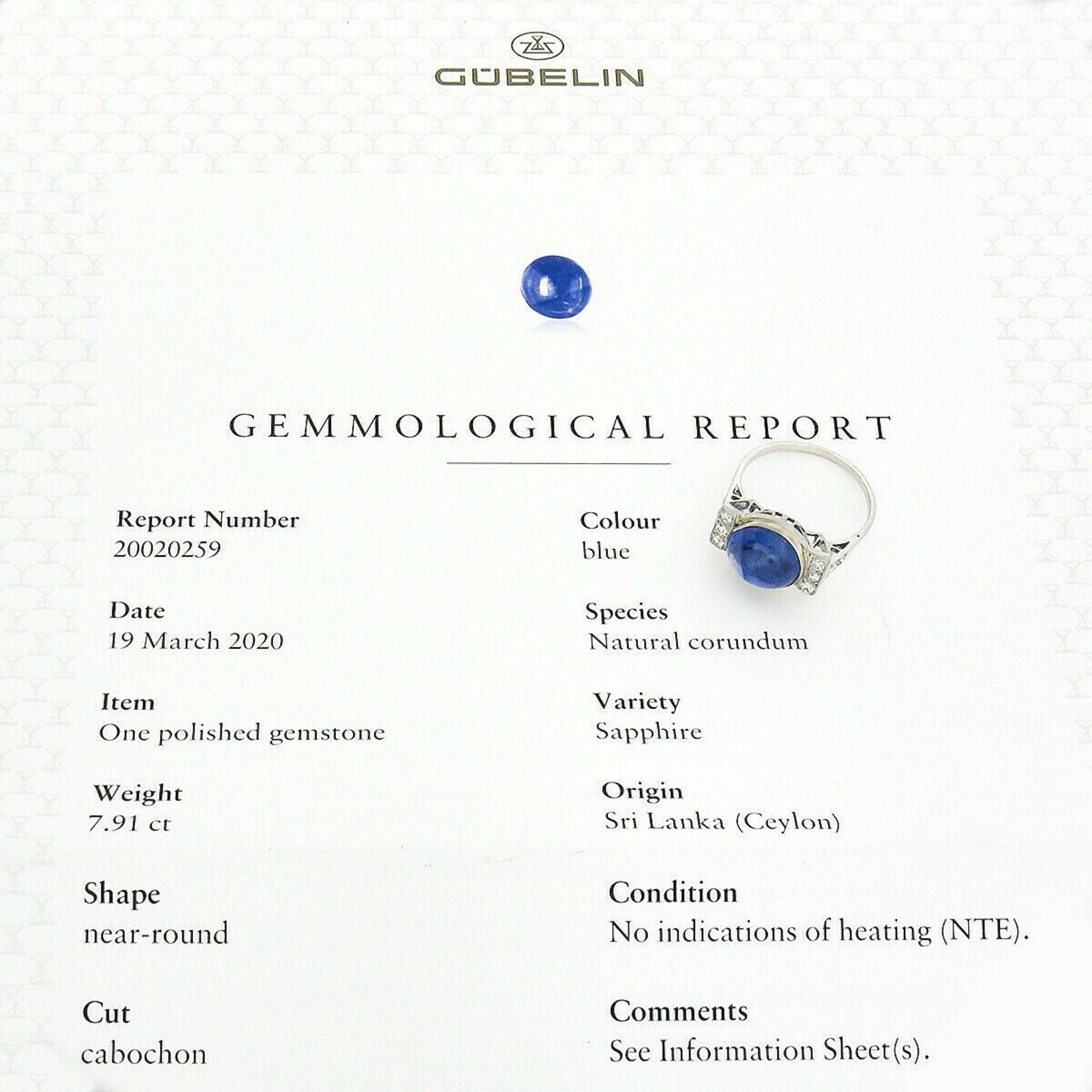Antique Art Deco Platinum Gubelin Ceylon No Heat Cabochon Sapphire Diamond Ring For Sale 4