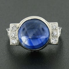 Antique Art Deco Platinum Gubelin Ceylon No Heat Cabochon Sapphire Diamond Ring