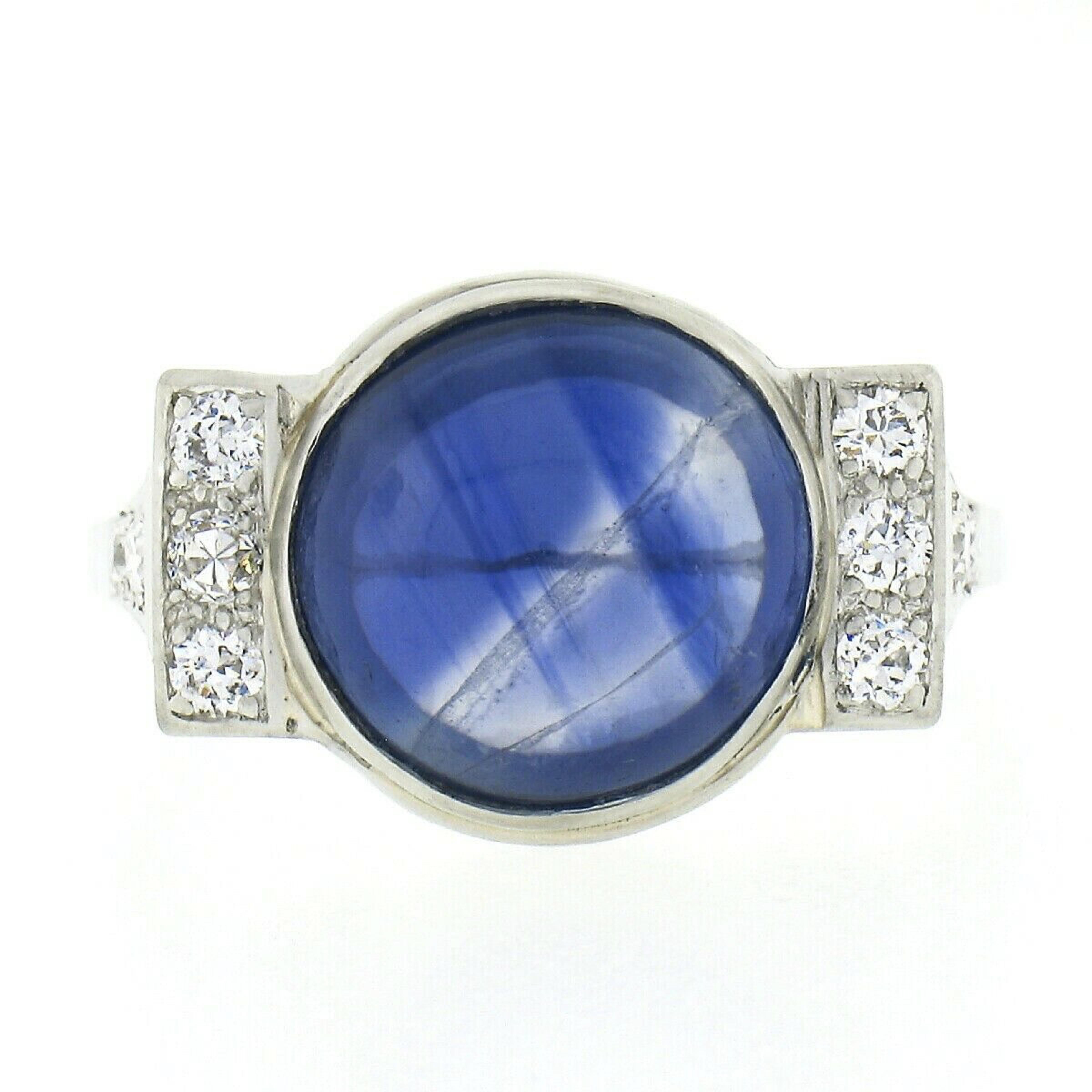 Round Cut Antique Art Deco Platinum Gubelin Ceylon No Heat Cabochon Sapphire Diamond Ring For Sale