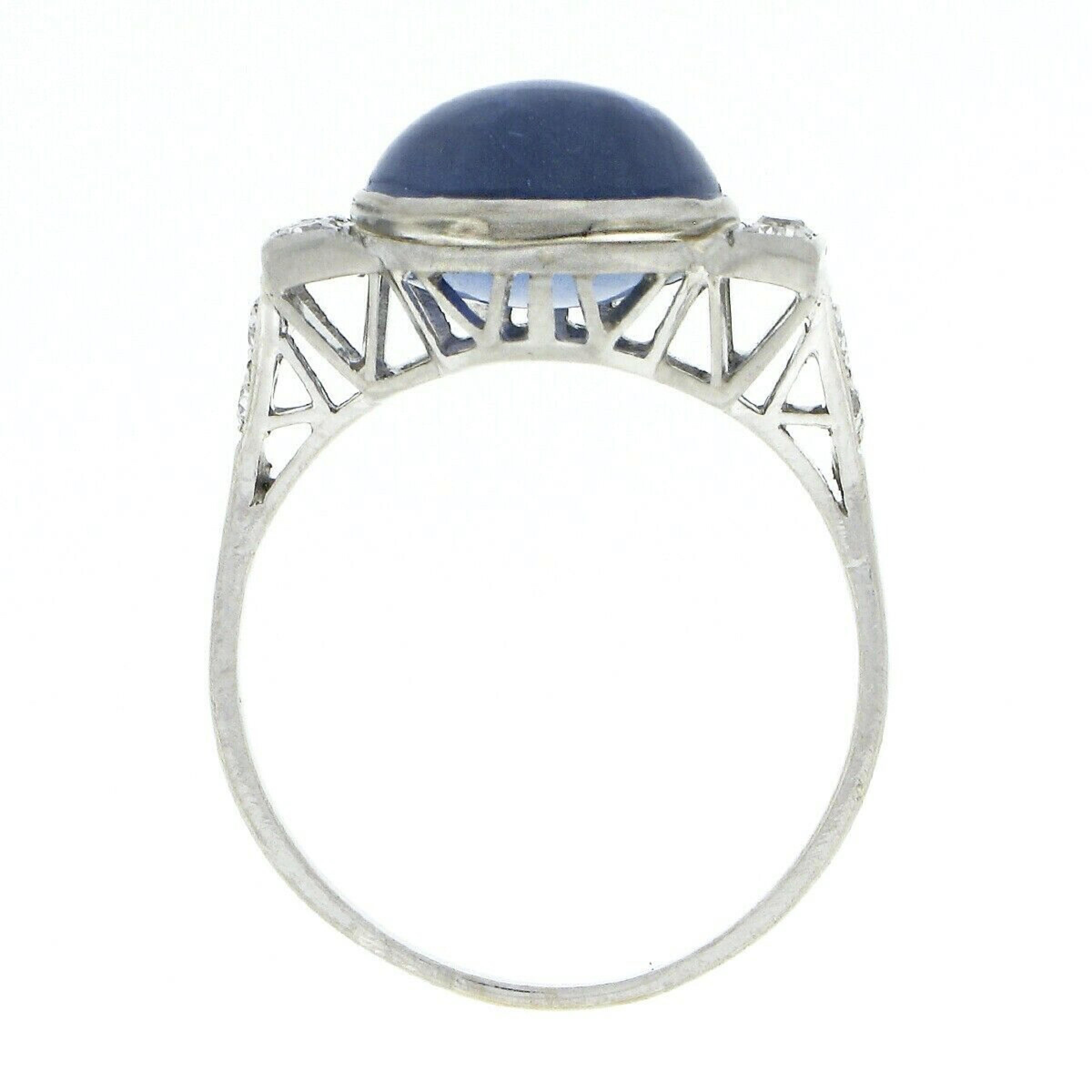 Antique Art Deco Platinum Gubelin Ceylon No Heat Cabochon Sapphire Diamond Ring For Sale 2