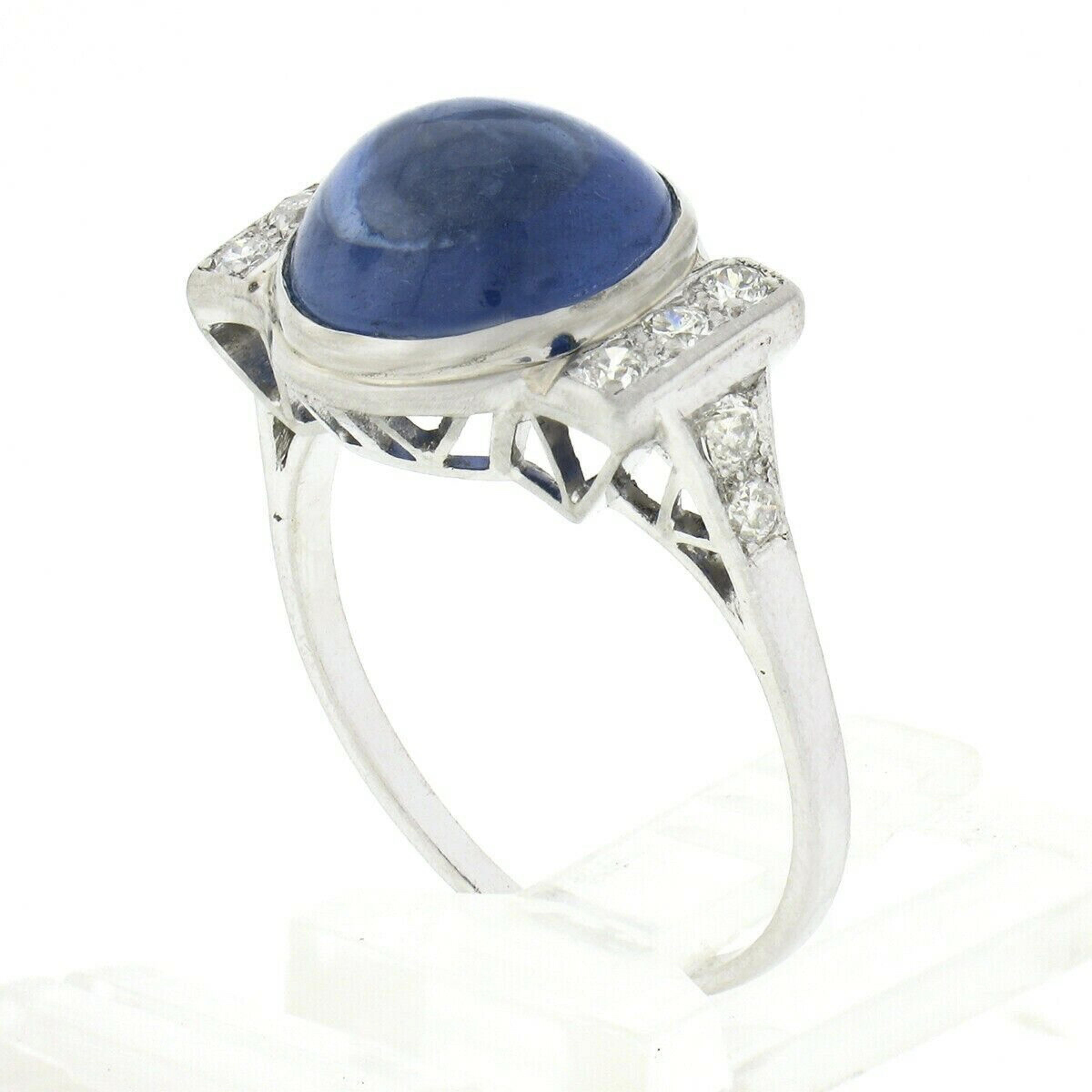 Antique Art Deco Platinum Gubelin Ceylon No Heat Cabochon Sapphire Diamond Ring For Sale 3