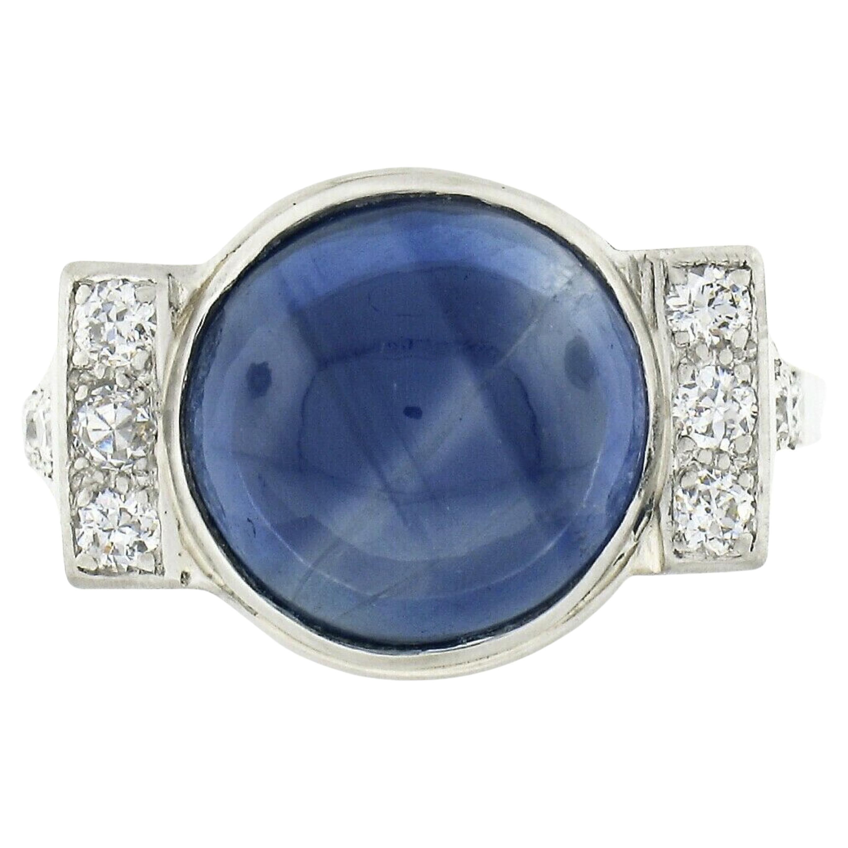 Antique Art Deco Platinum Gubelin Ceylon No Heat Cabochon Sapphire Diamond Ring