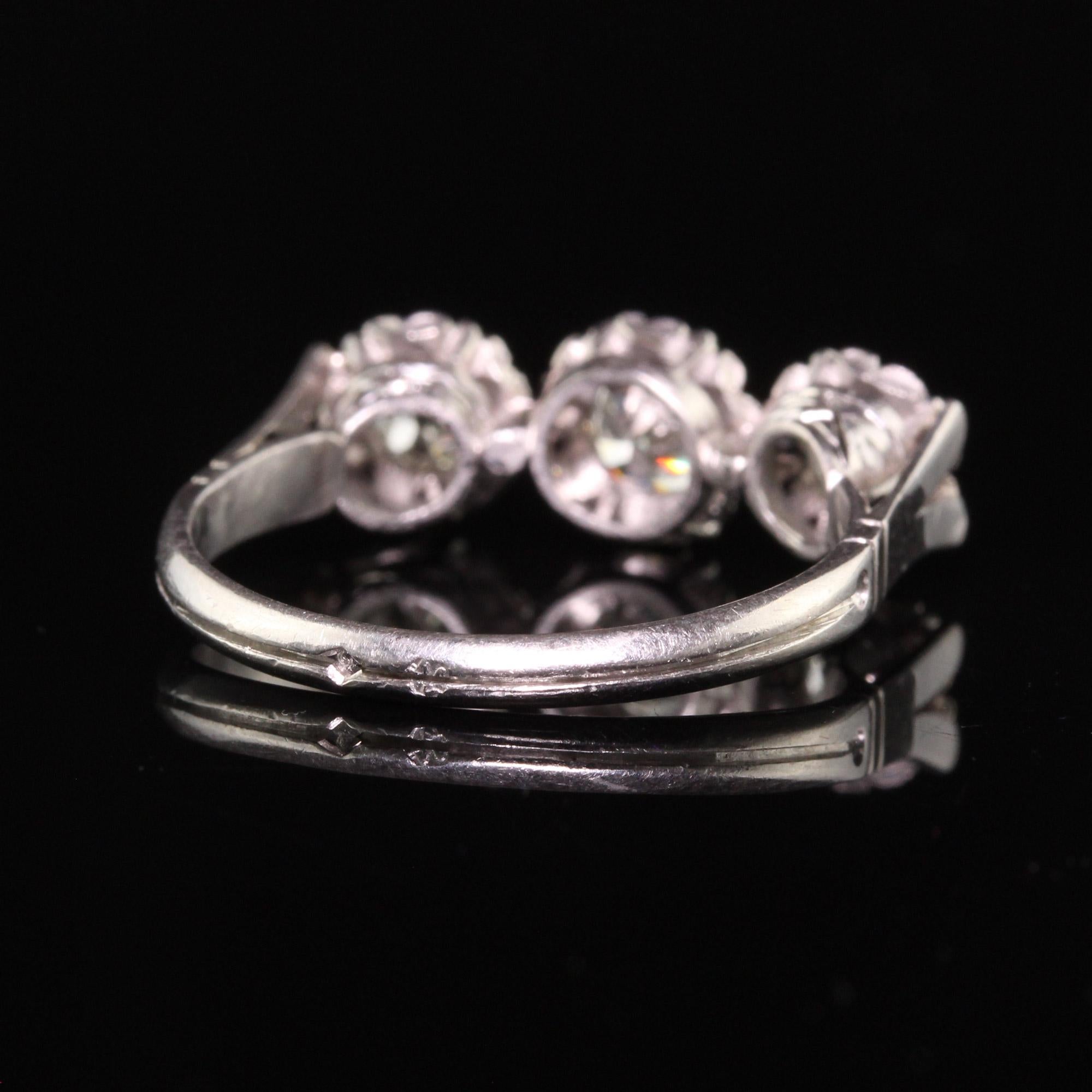Antique Art Deco Platinum Hallmarked Old Mine Diamond Three Stone Ring In Good Condition For Sale In Great Neck, NY