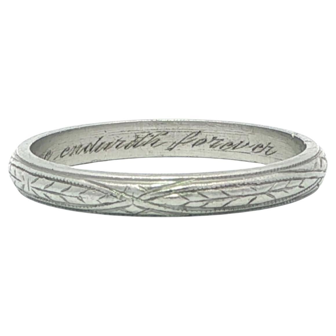 Antique Art Deco Platinum Hand Etching Wheat Pattern Classic Wedding Band Ring For Sale