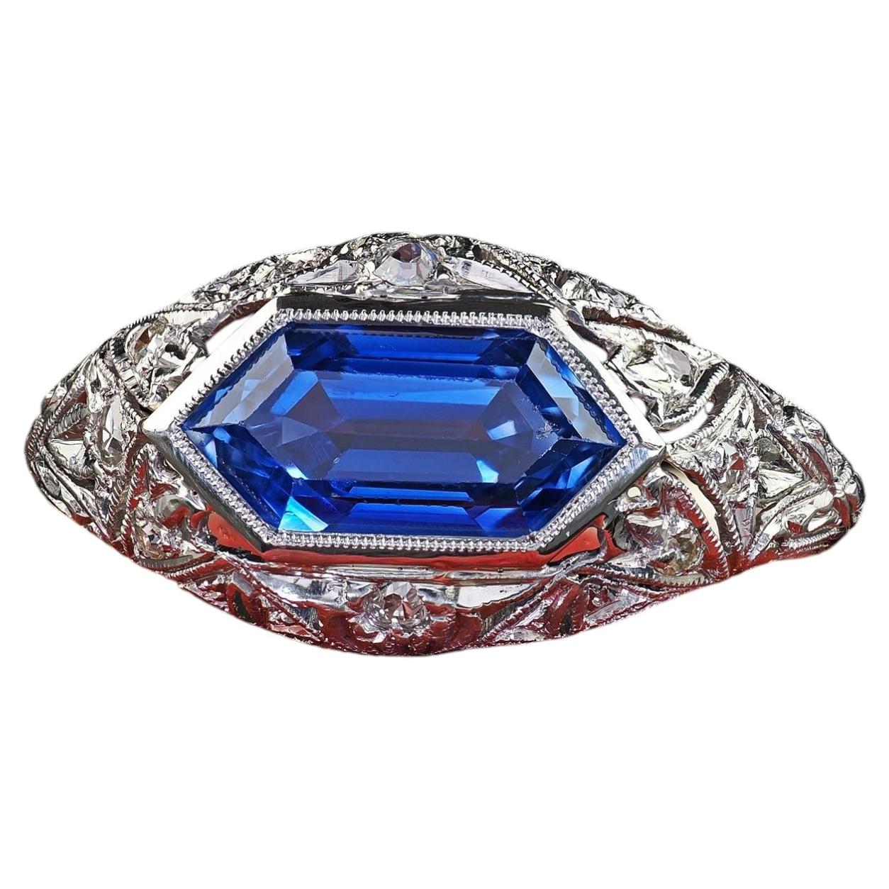 Antique Art Deco Platinum Hexagon Sapphire Diamond Engagement Ring - GIA