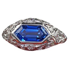 Bague de fiançailles ancienne Art déco en platine, avec saphir et diamants, de forme hexagonale - GIA