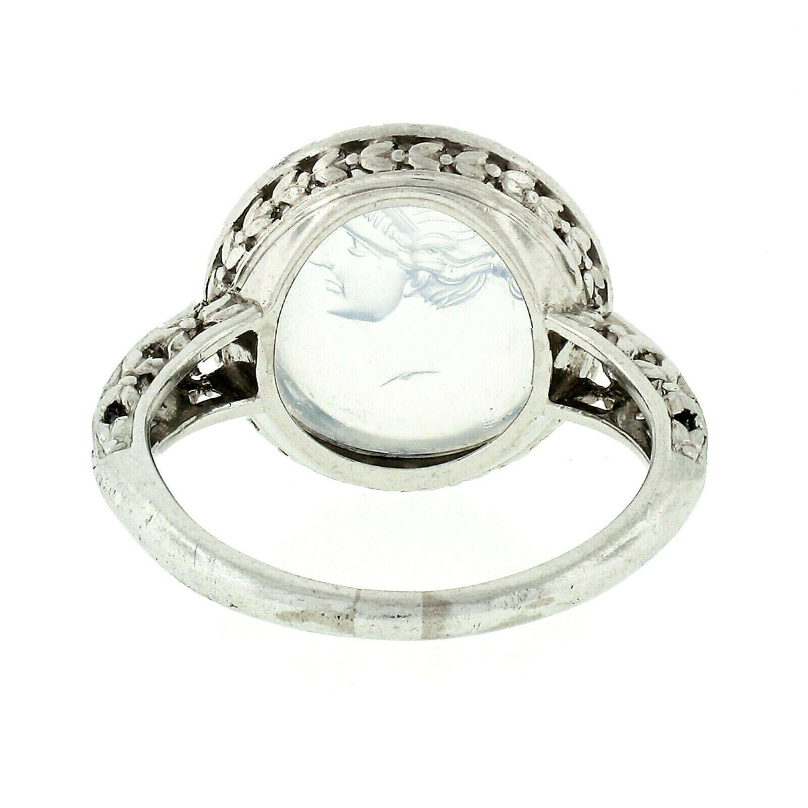 Antique Art Deco Platinum Intaglio Moonstone Old Diamond Engraved Milgrain Ring 5