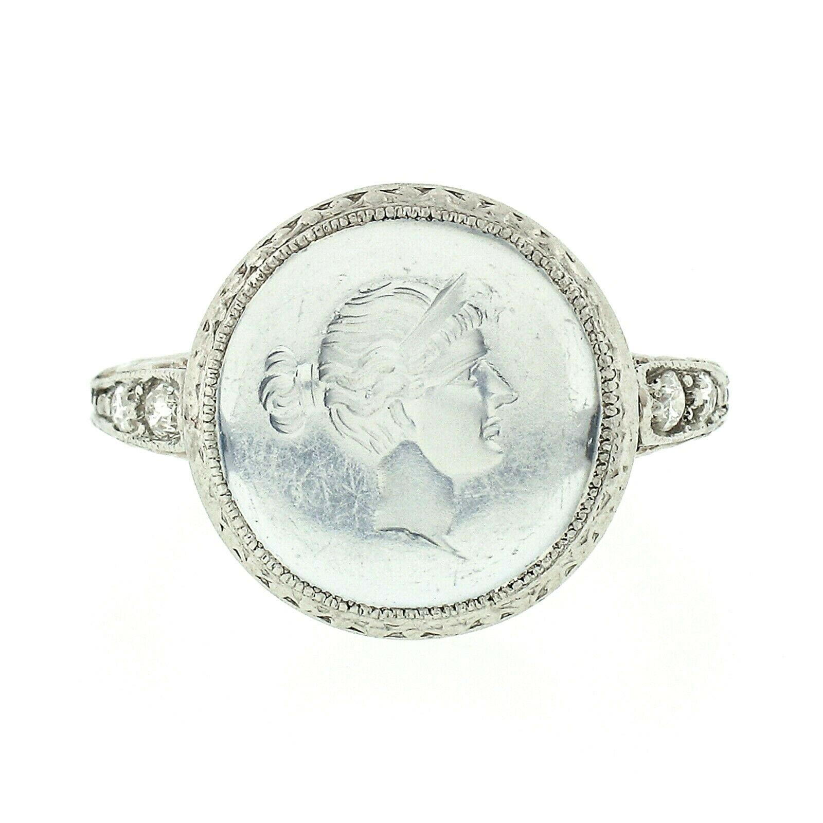 Antique Art Deco Platinum Intaglio Moonstone Old Diamond Engraved Milgrain Ring In Good Condition In Montclair, NJ