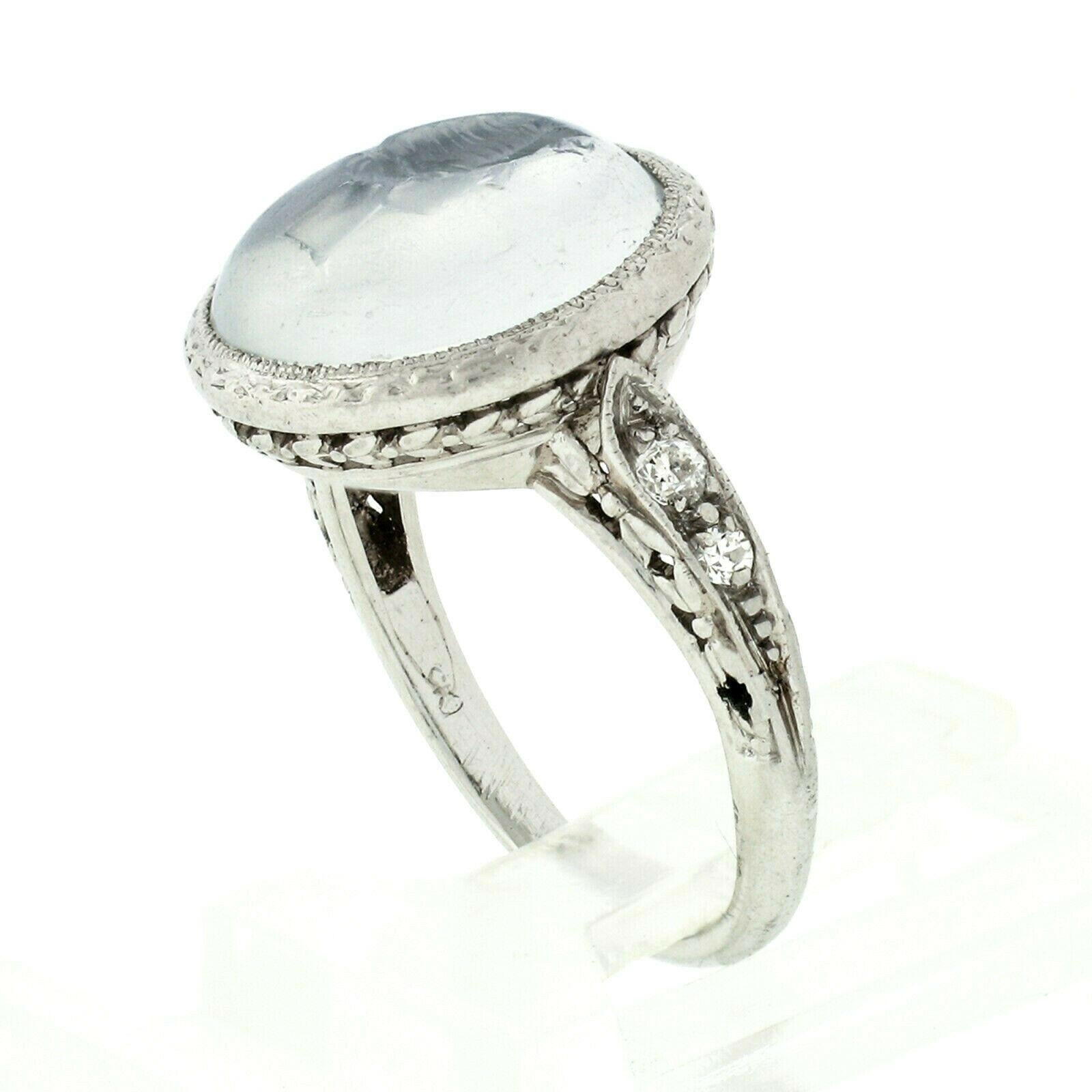 Women's Antique Art Deco Platinum Intaglio Moonstone Old Diamond Engraved Milgrain Ring