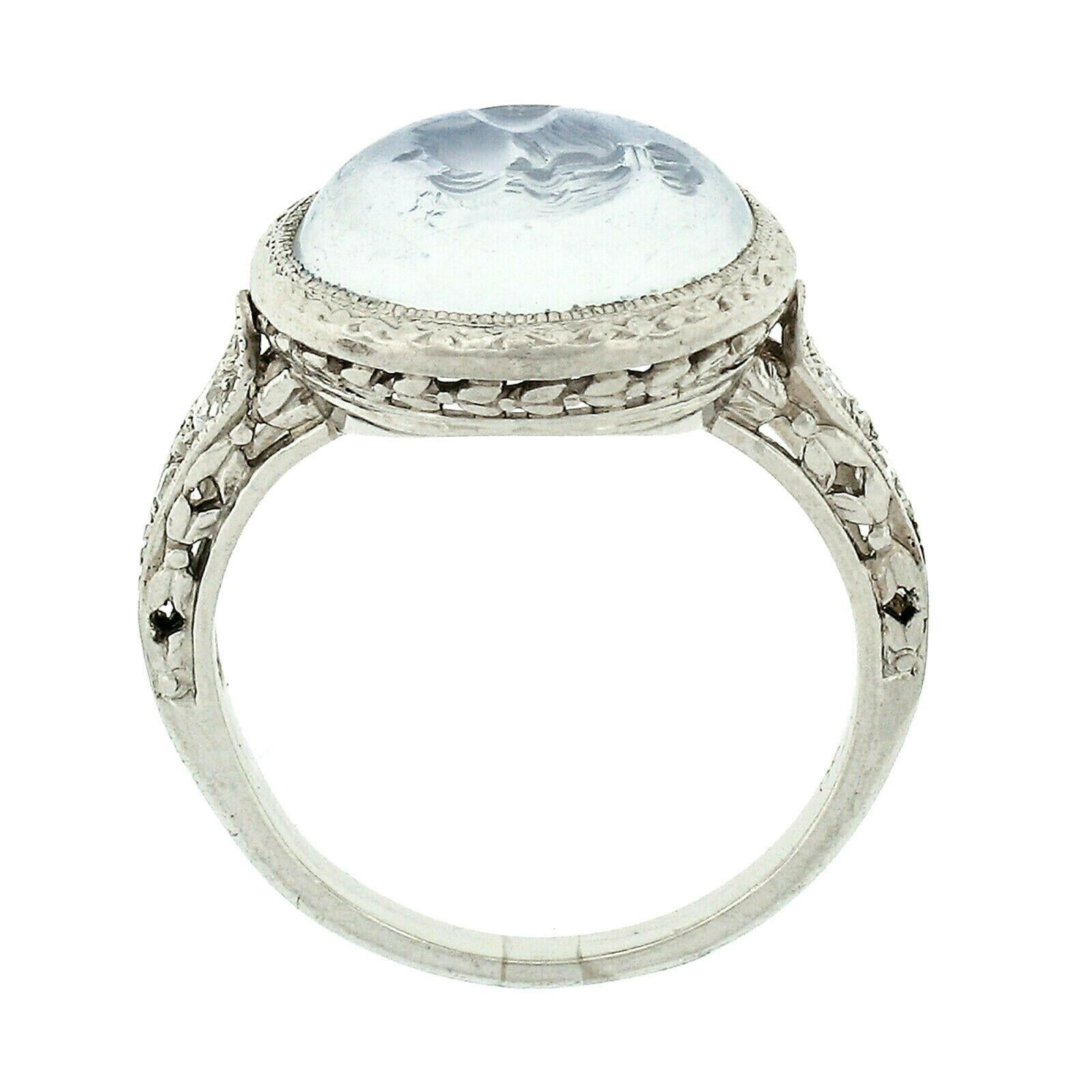 Antique Art Deco Platinum Intaglio Moonstone Old Diamond Engraved Milgrain Ring 1