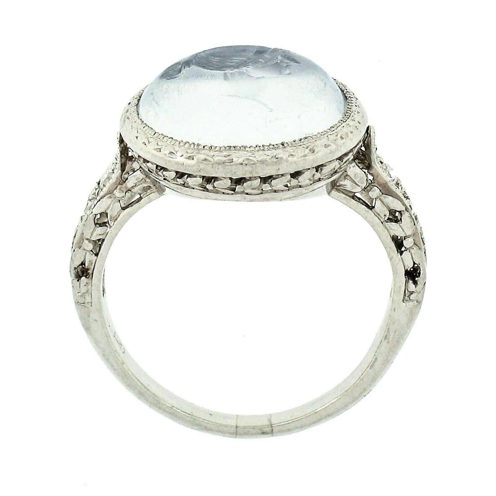 Antique Art Deco Platinum Intaglio Moonstone Old Diamond Engraved Milgrain Ring 2