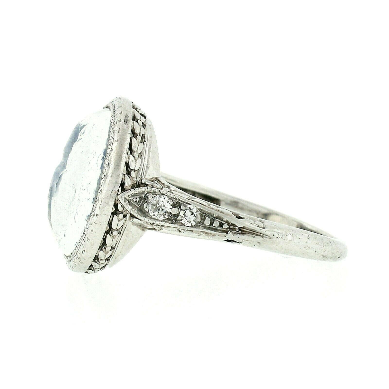 Antique Art Deco Platinum Intaglio Moonstone Old Diamond Engraved Milgrain Ring 3