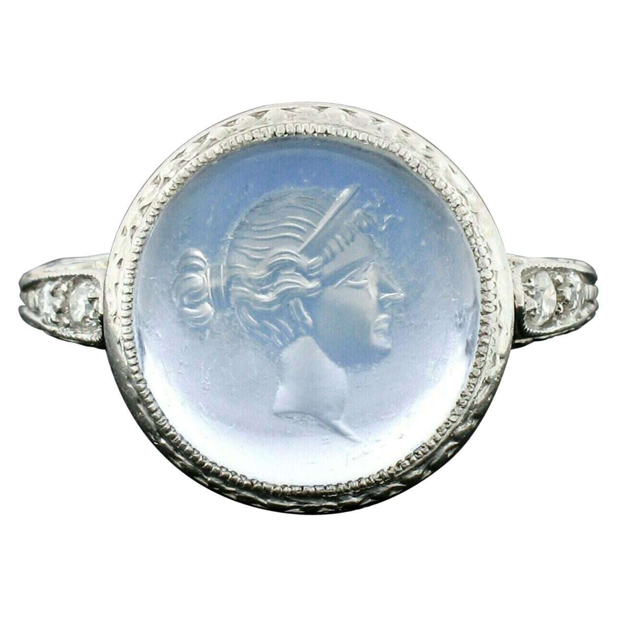 Antique Art Deco Platinum Intaglio Moonstone Old Diamond Engraved Milgrain Ring