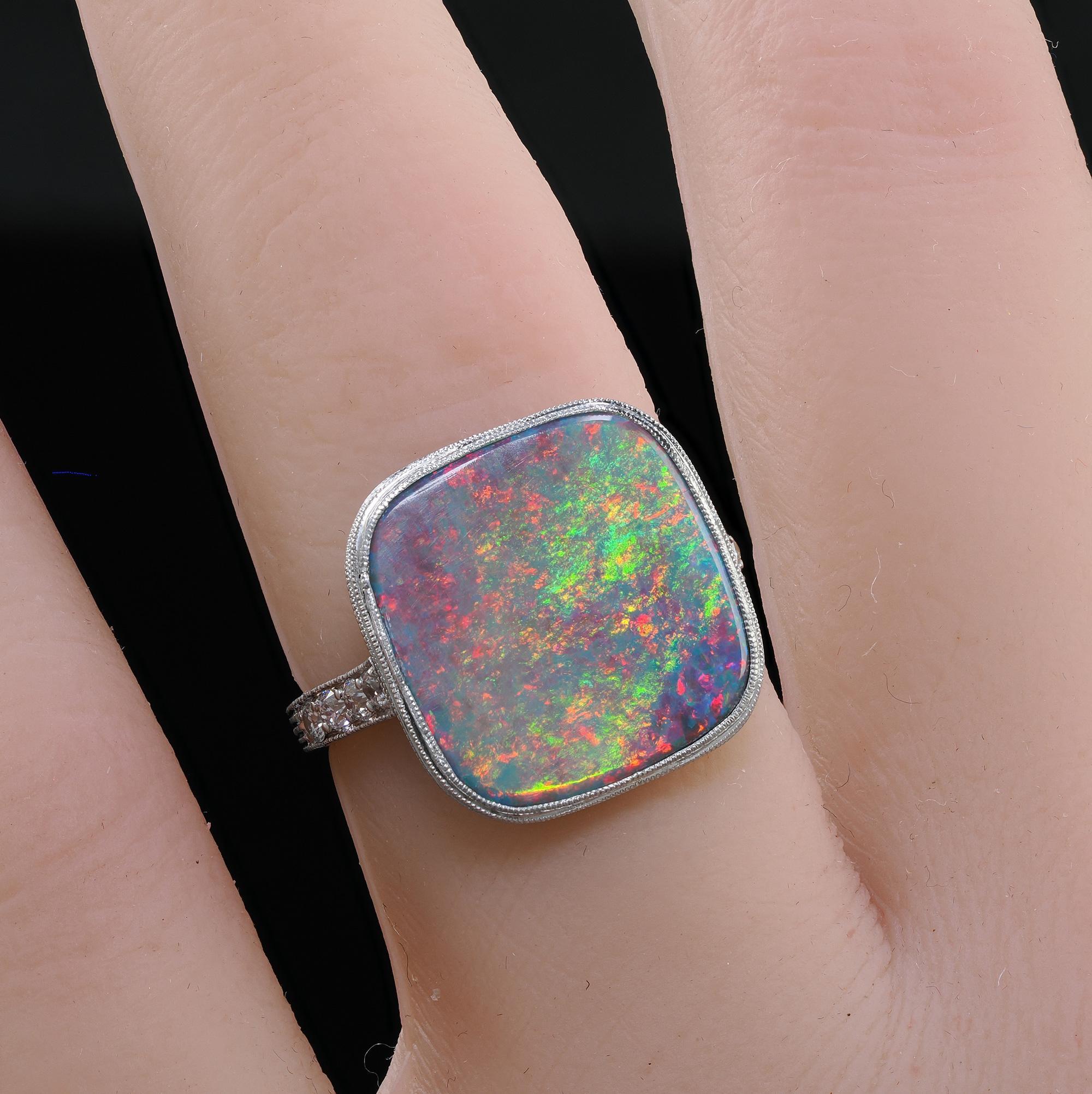 Antique Art Deco Platinum J. E. Caldwell Natural Black Opal and Diamond Ring For Sale 5