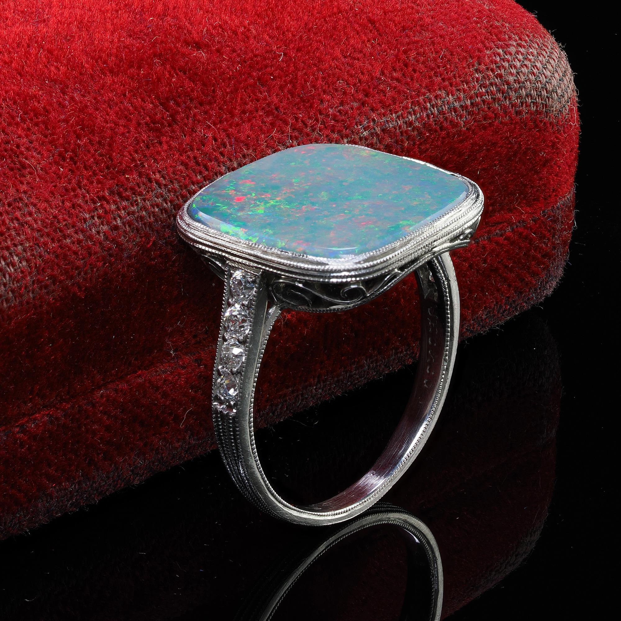 Portrait Cut Antique Art Deco Platinum J. E. Caldwell Natural Black Opal and Diamond Ring For Sale