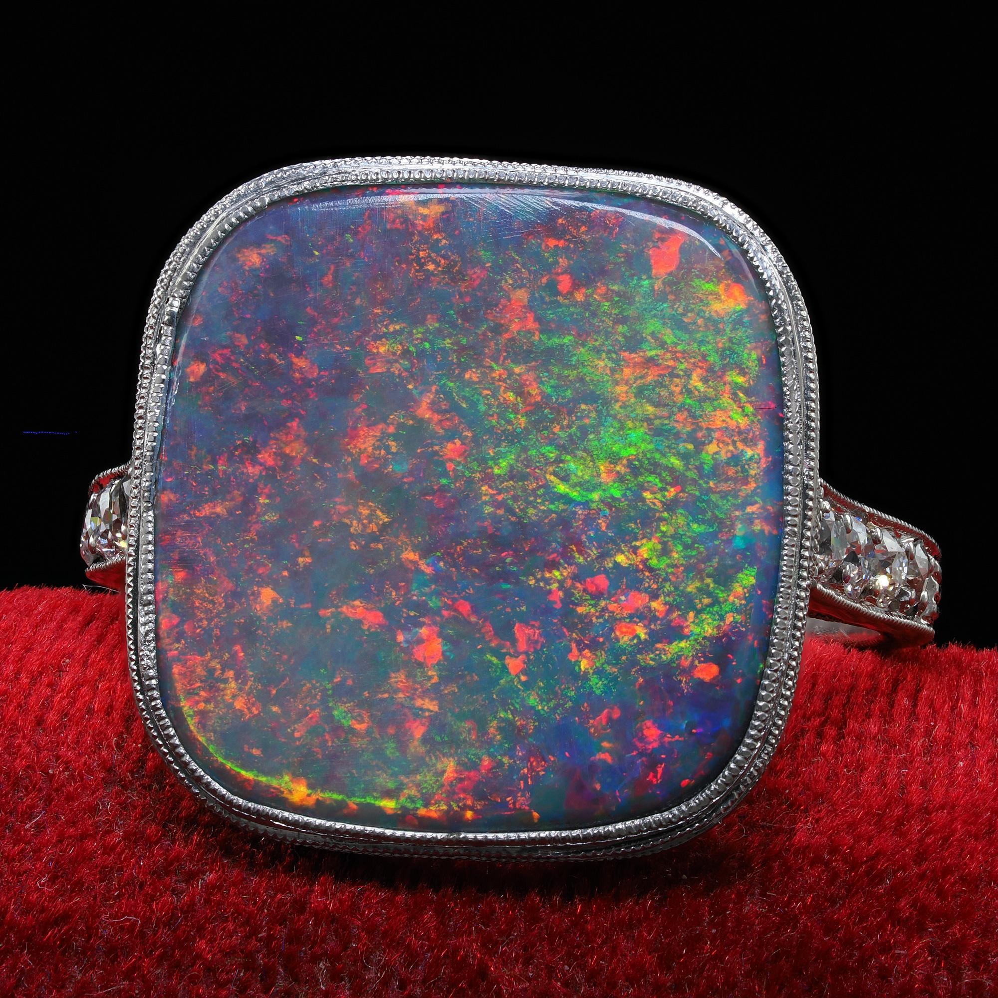 Antique Art Deco Platinum J. E. Caldwell Natural Black Opal and Diamond Ring In Good Condition For Sale In Great Neck, NY