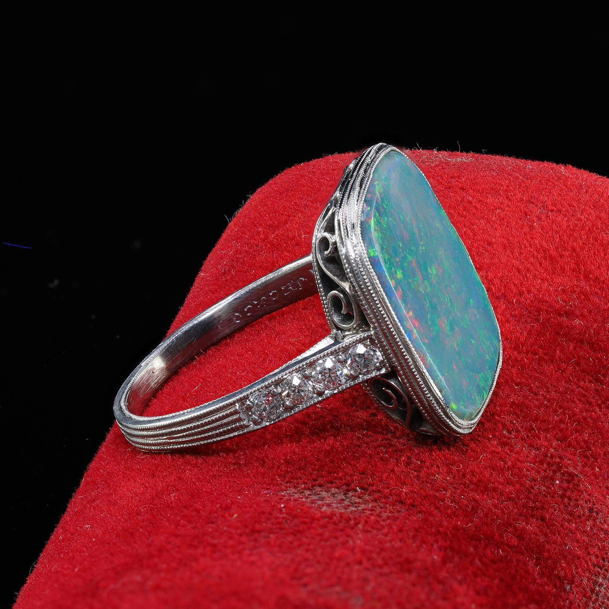 Women's Antique Art Deco Platinum J. E. Caldwell Natural Black Opal and Diamond Ring For Sale