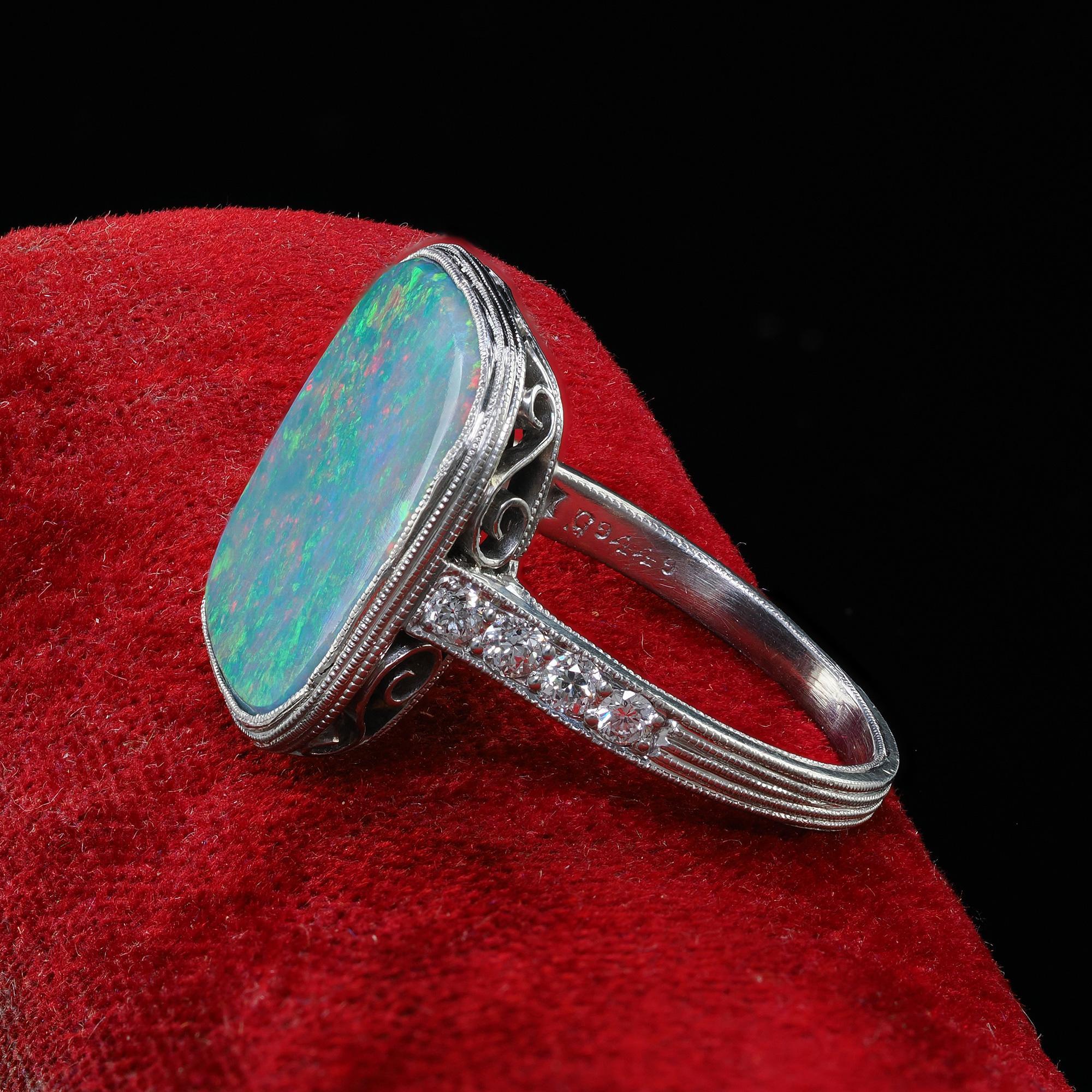 Antique Art Deco Platinum J. E. Caldwell Natural Black Opal and Diamond Ring For Sale 1