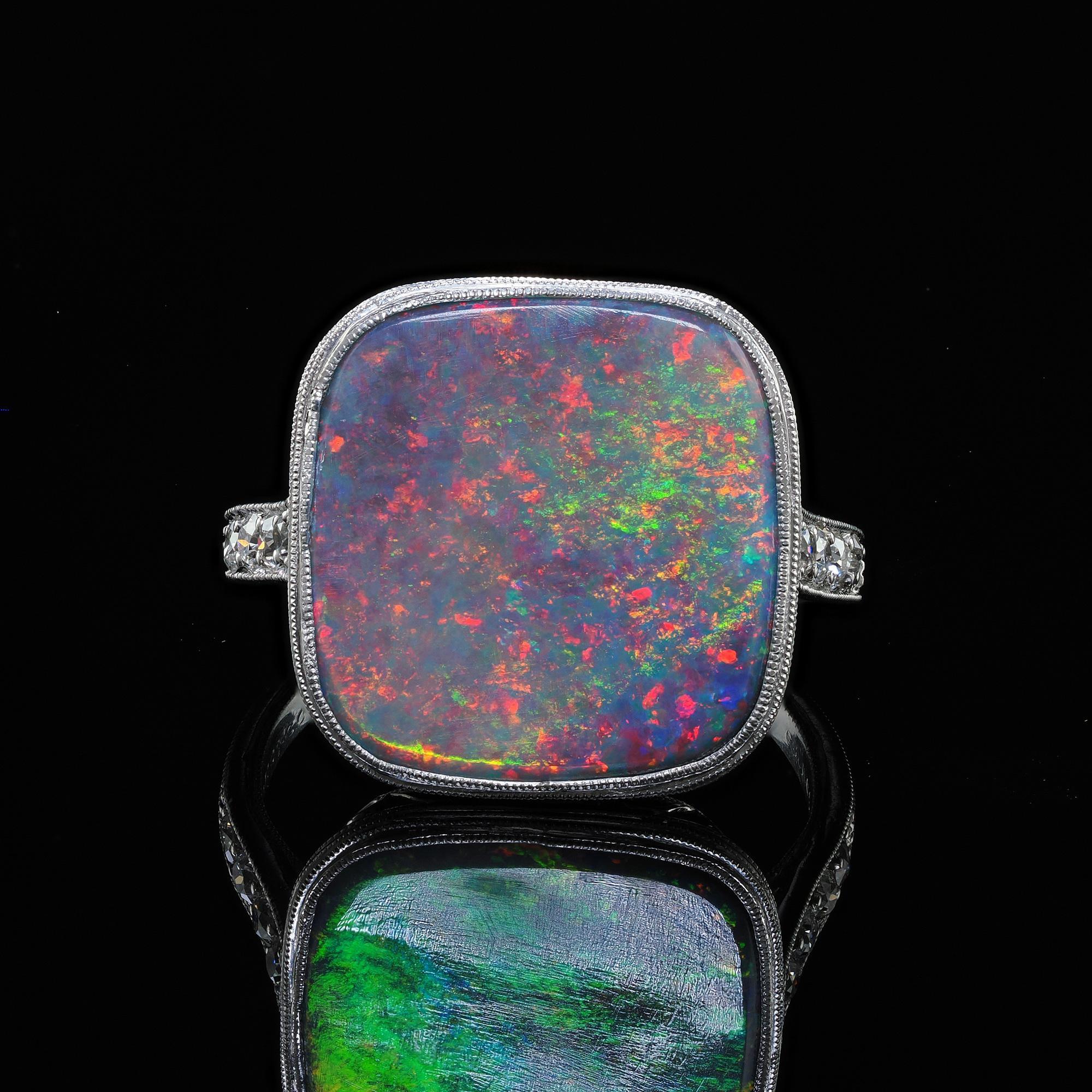Antique Art Deco Platinum J. E. Caldwell Natural Black Opal and Diamond Ring For Sale 2